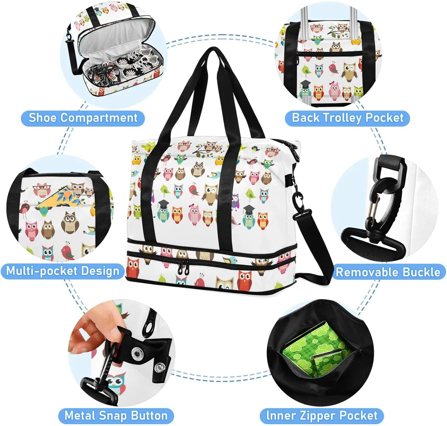 Tribal Ethnic Owls Seamless on White Gym Duffel Bag, Polyester Travel Weekender Luggage Handbag with Waterproof Pocket for Wet Items, Unisex Foldable Tote for Sports
