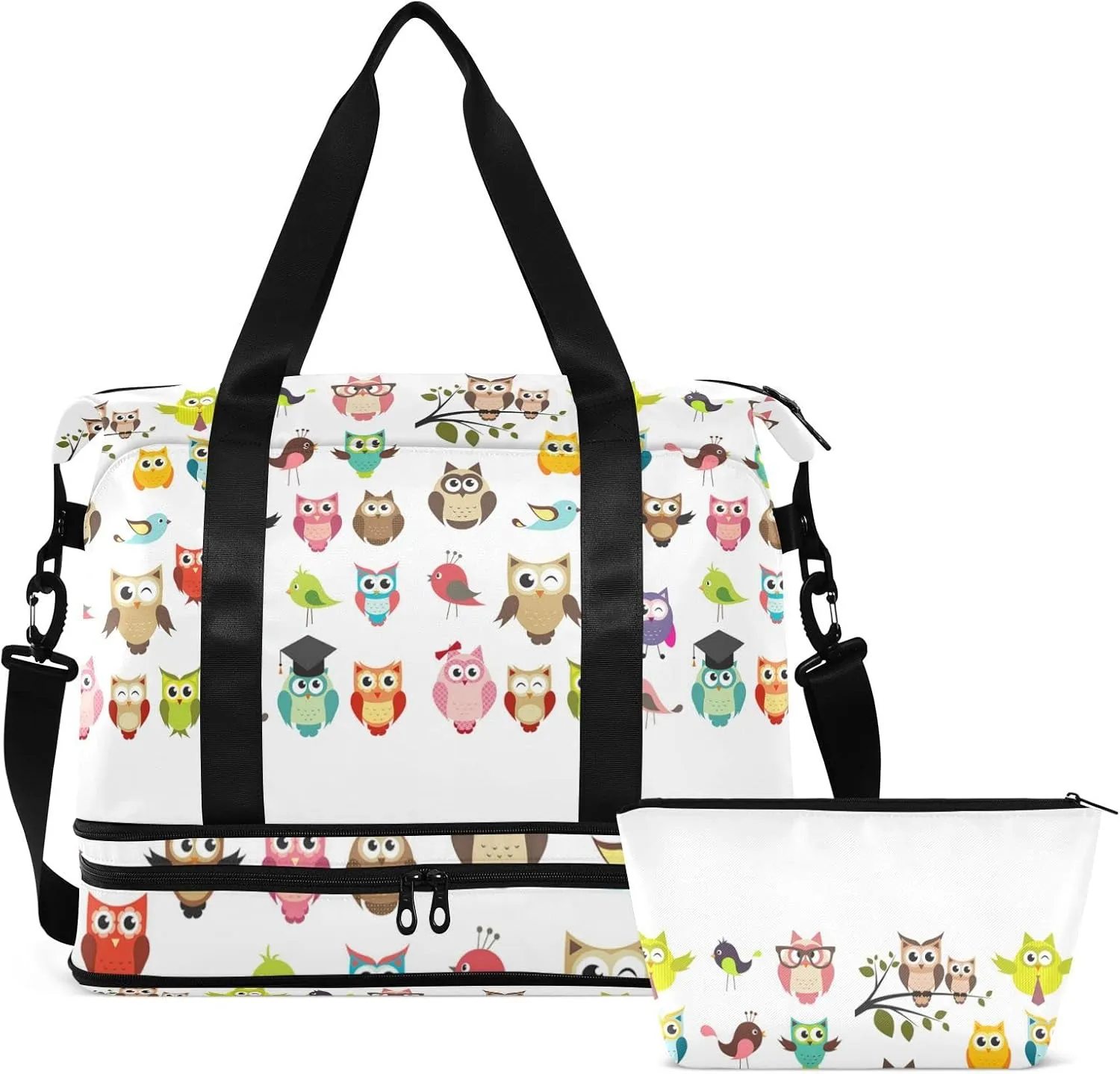 Tribal Ethnic Owls Seamless on White Gym Duffel Bag, Polyester Travel Weekender Luggage Handbag with Waterproof Pocket for Wet Items, Unisex Foldable Tote for Sports
