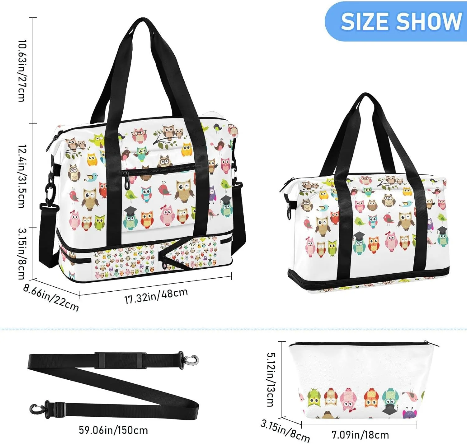 Tribal Ethnic Owls Seamless on White Gym Duffel Bag, Polyester Travel Weekender Luggage Handbag with Waterproof Pocket for Wet Items, Unisex Foldable Tote for Sports