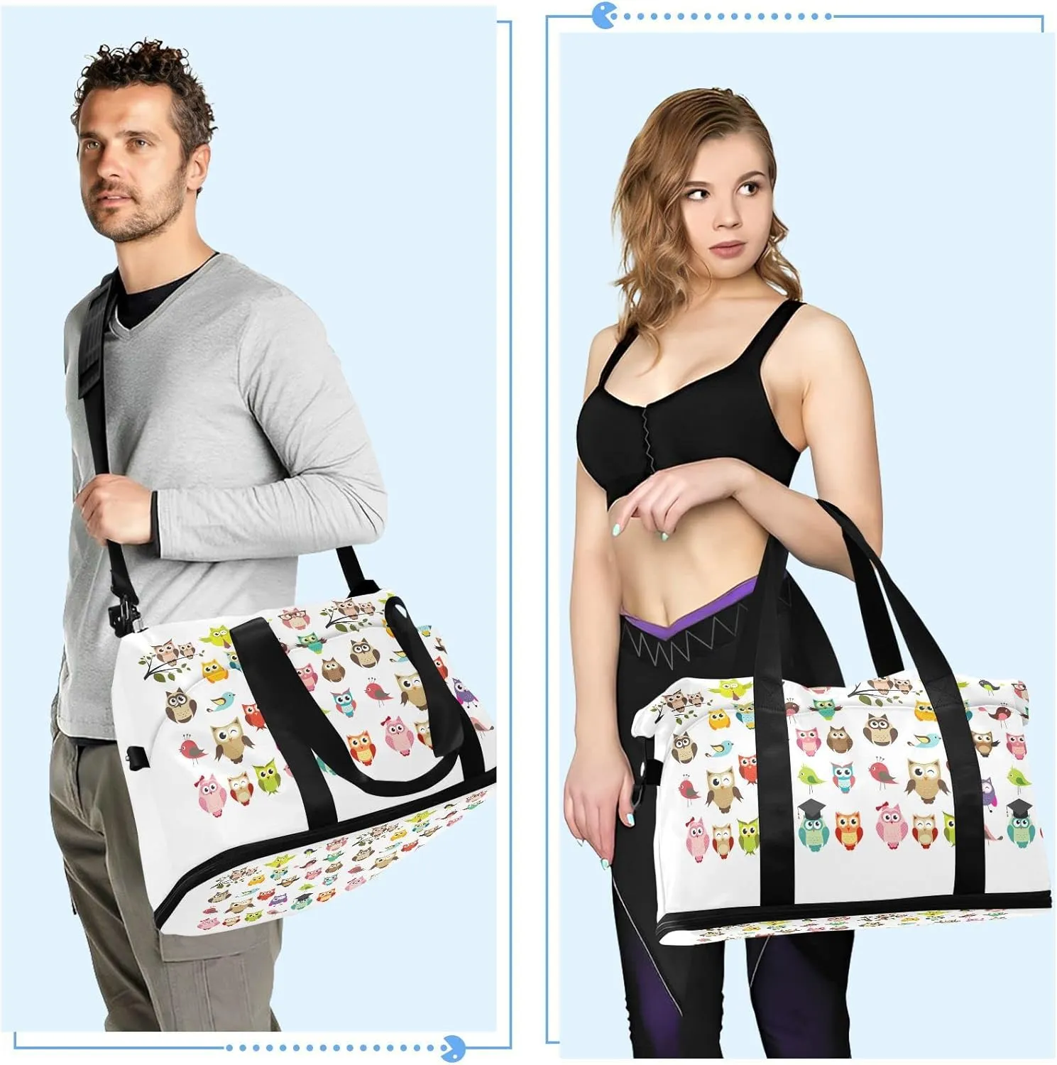 Tribal Ethnic Owls Seamless on White Gym Duffel Bag, Polyester Travel Weekender Luggage Handbag with Waterproof Pocket for Wet Items, Unisex Foldable Tote for Sports