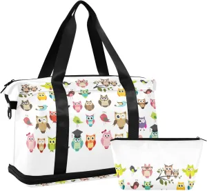 Tribal Ethnic Owls Seamless on White Gym Duffel Bag, Polyester Travel Weekender Luggage Handbag with Waterproof Pocket for Wet Items, Unisex Foldable Tote for Sports