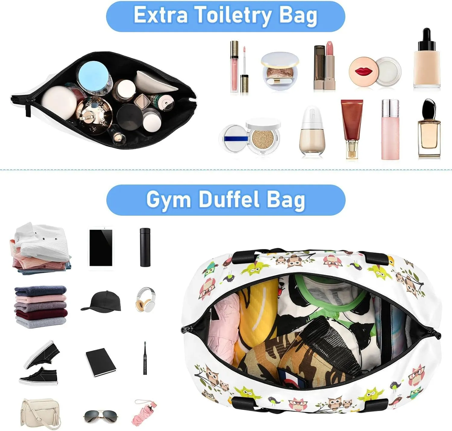Tribal Ethnic Owls Seamless on White Gym Duffel Bag, Polyester Travel Weekender Luggage Handbag with Waterproof Pocket for Wet Items, Unisex Foldable Tote for Sports