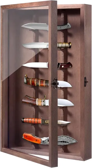 Triceratops Knife Display Case with Lockable Clear Acrylic Door, Wall Mount Wooden Knife Display Stand, Pocket Knife Display Cases for Storage, Collection, Holds up to 7 Knifes(Red Brown)