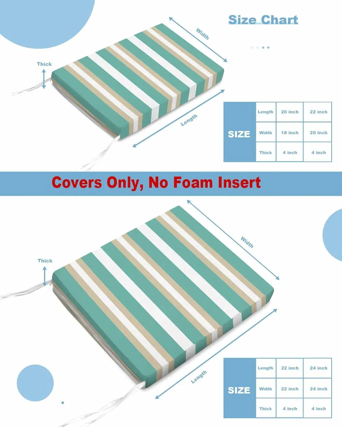 Turquoise Khaki Striped Outdoor Cushion Chair Cover Set of 2 - Waterproof Couch Seat Covers, Modern Minimalism Abstract Art Patio Furniture Protector Cushions Slipcovers for Sofa/RV, 24"x24"x4"