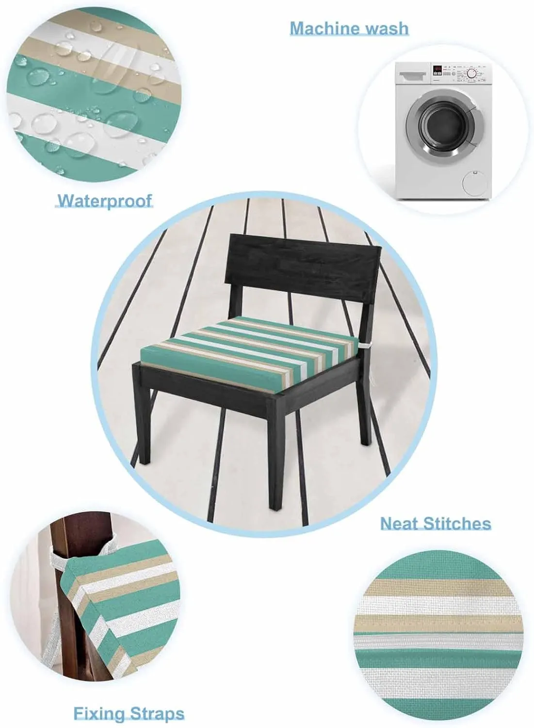 Turquoise Khaki Striped Outdoor Cushion Chair Cover Set of 2 - Waterproof Couch Seat Covers, Modern Minimalism Abstract Art Patio Furniture Protector Cushions Slipcovers for Sofa/RV, 24"x24"x4"