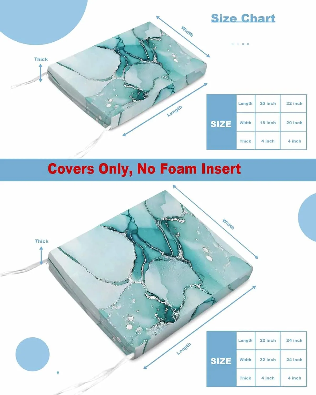 Turquoise Marble Outdoor Cushion Chair Cover Set of 4 - Waterproof Couch Seat Covers, Nature Marble Crack Country Retro Patio Furniture Protector Cushions Slipcovers for Sofa/RV, 22"x22"x4"