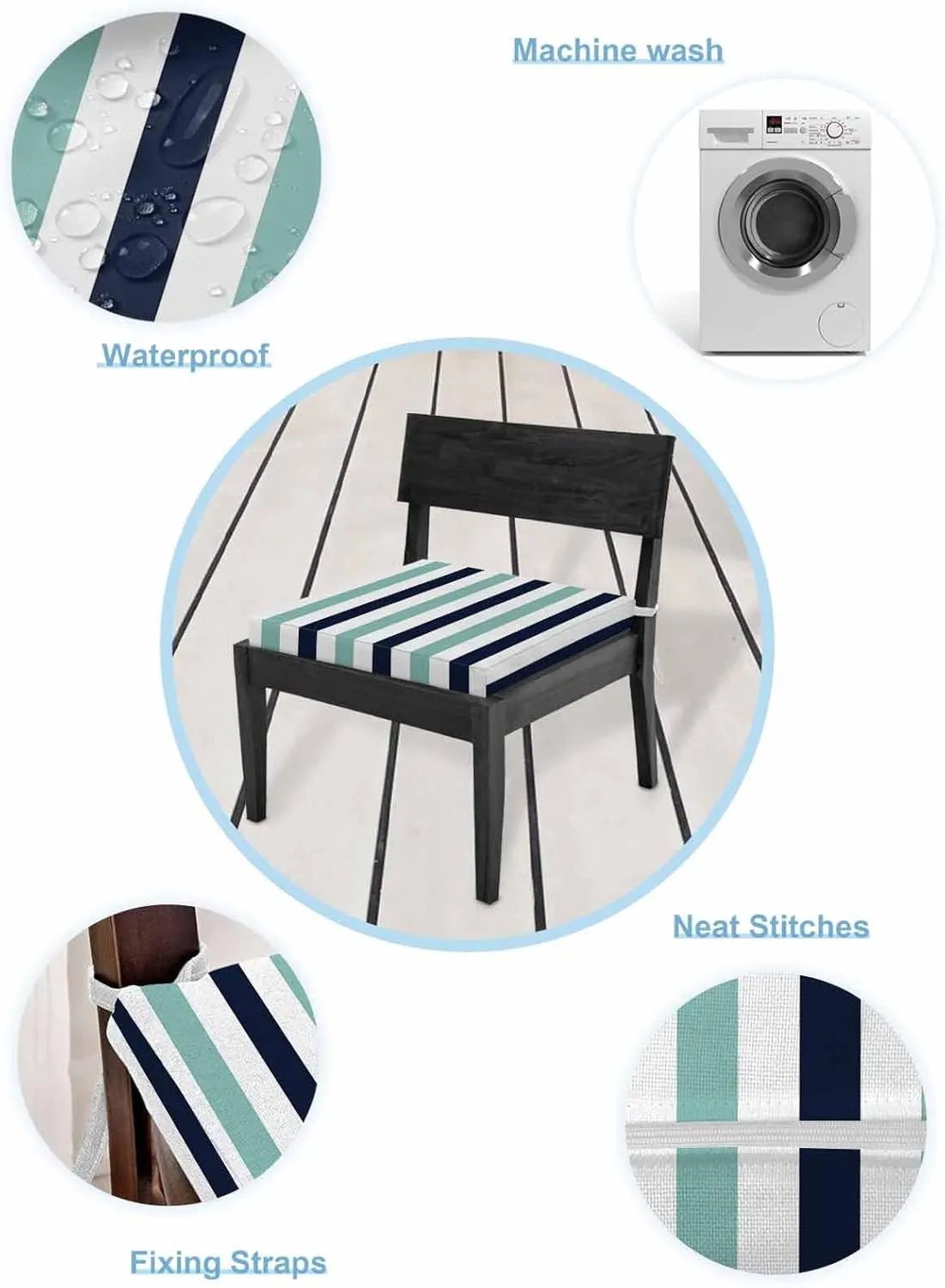 Turquoise Navy Blue Striped Outdoor Cushion Chair Cover Set of 4 - Waterproof Couch Seat Covers, Farmhouse Stripe Art Patio Furniture Protector Cushions Slipcovers for Sofa/RV, 22"x20"x4"