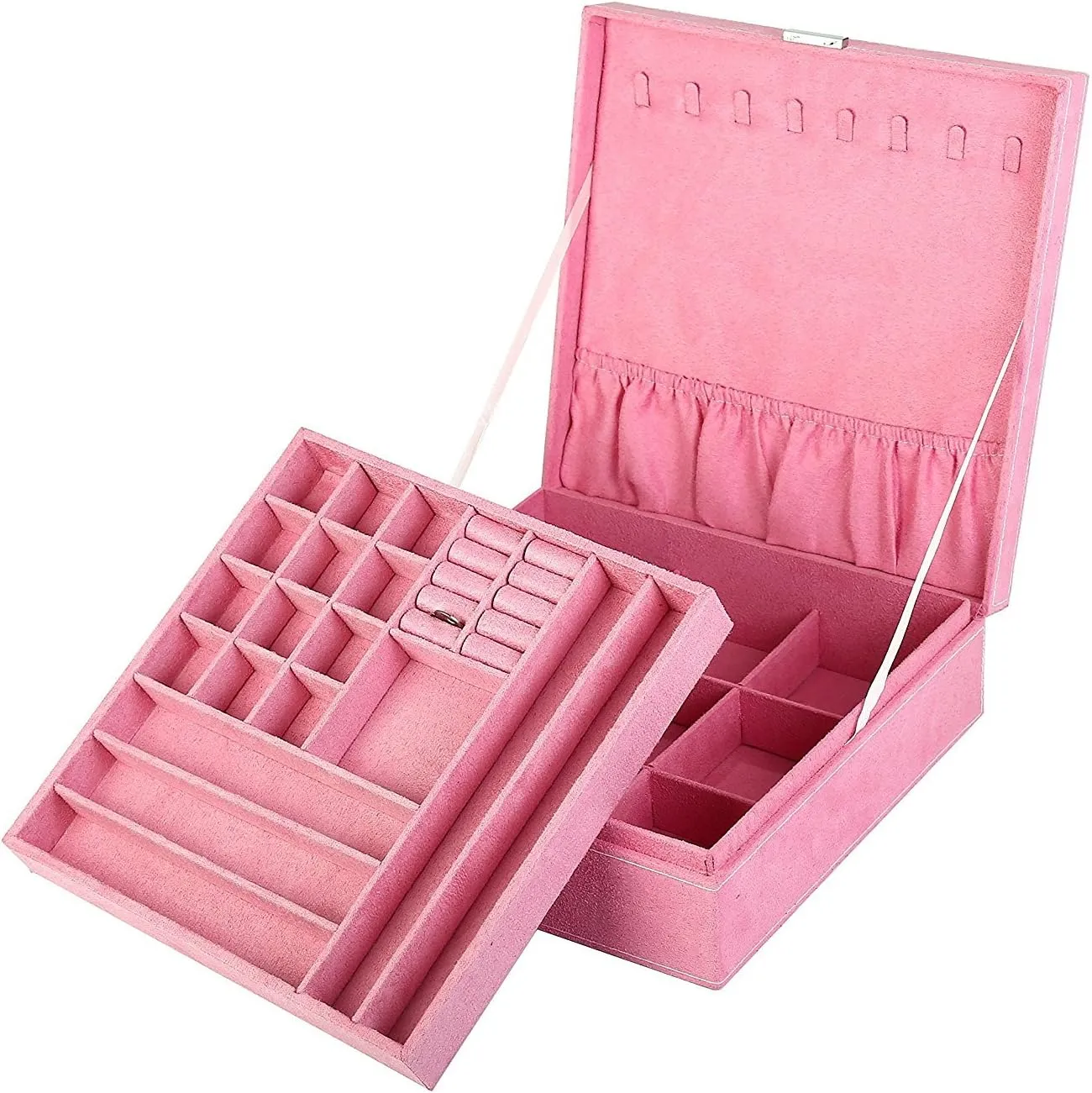 Two-Layer Jewelry Box Organizer Display Storage case with Lock (Pink)