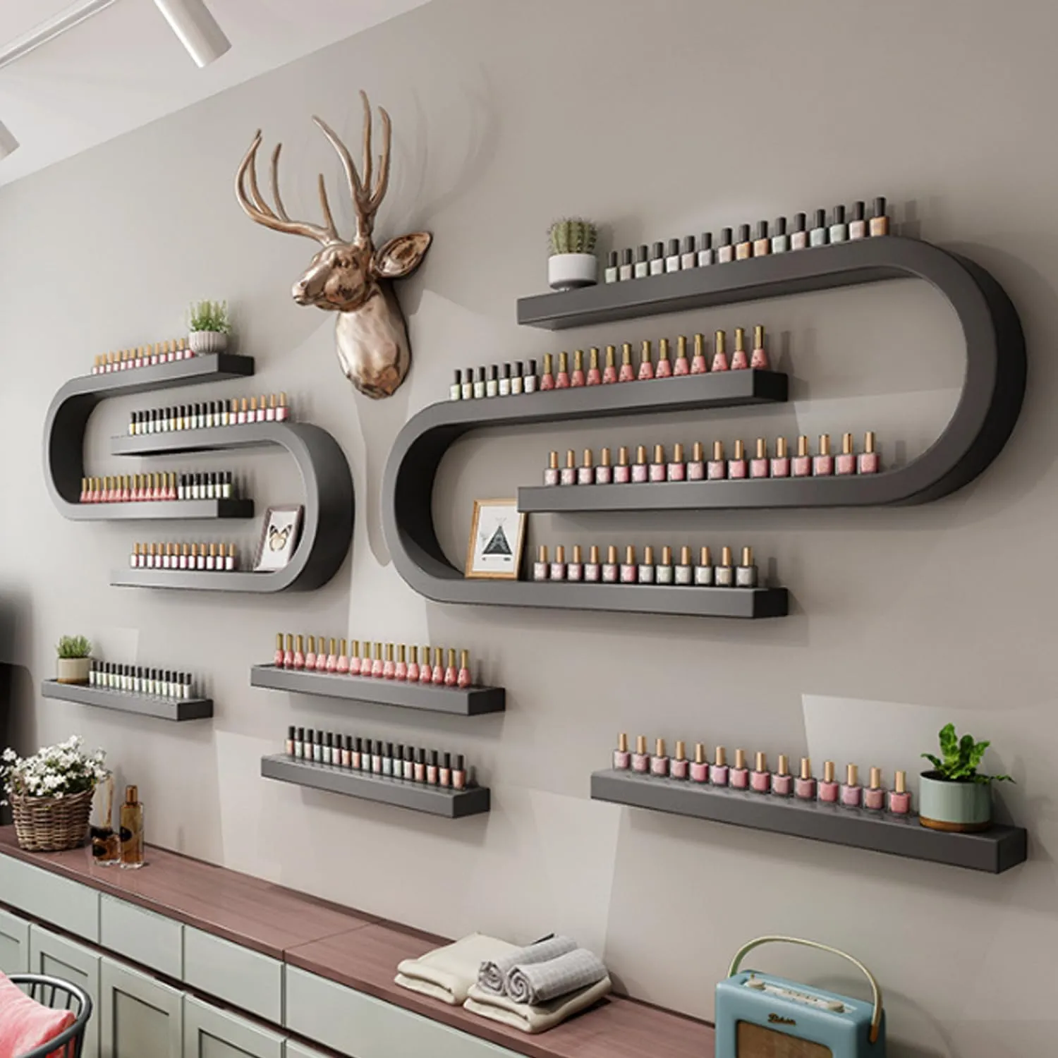 U-Shaped Floating Nail Polish Rack, Wall Mounted Metal Nail Display Shelf, Commercial Nail Settings Organizer, Lipstick Perfume Wall Racks, Organizer Holder for Salon/Beauty/Nail Shop,Black,8 piece