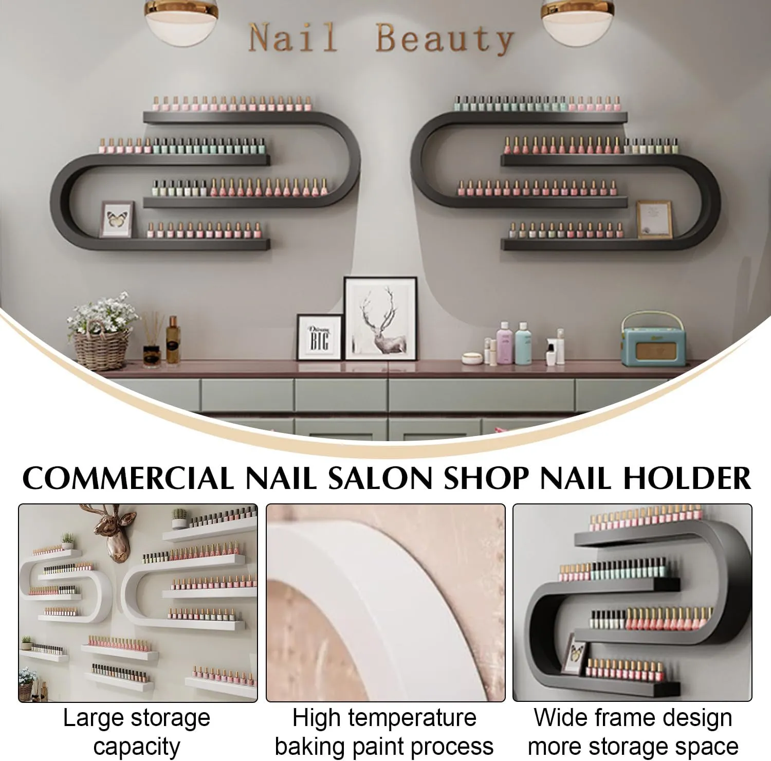 U-Shaped Floating Nail Polish Rack, Wall Mounted Metal Nail Display Shelf, Commercial Nail Settings Organizer, Lipstick Perfume Wall Racks, Organizer Holder for Salon/Beauty/Nail Shop,Black,8 piece