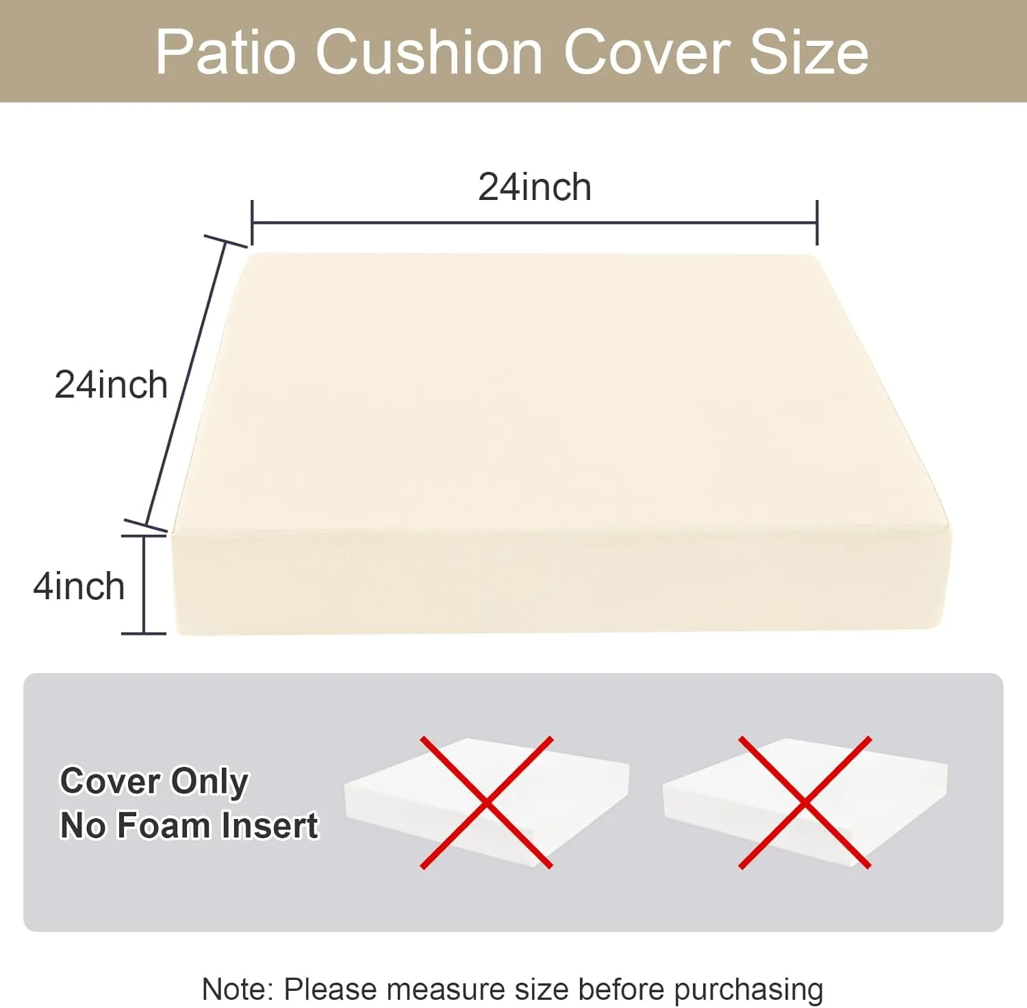 U'Artlines Outdoor Patio Cushion Covers Replacement Waterproof 24x24x4 Inch, Washable Sofa Chair Cushion Covers Seat Slipcovers for Outdoor Furniture Garden Backyard (Set of 4, Beige, Cover Only)