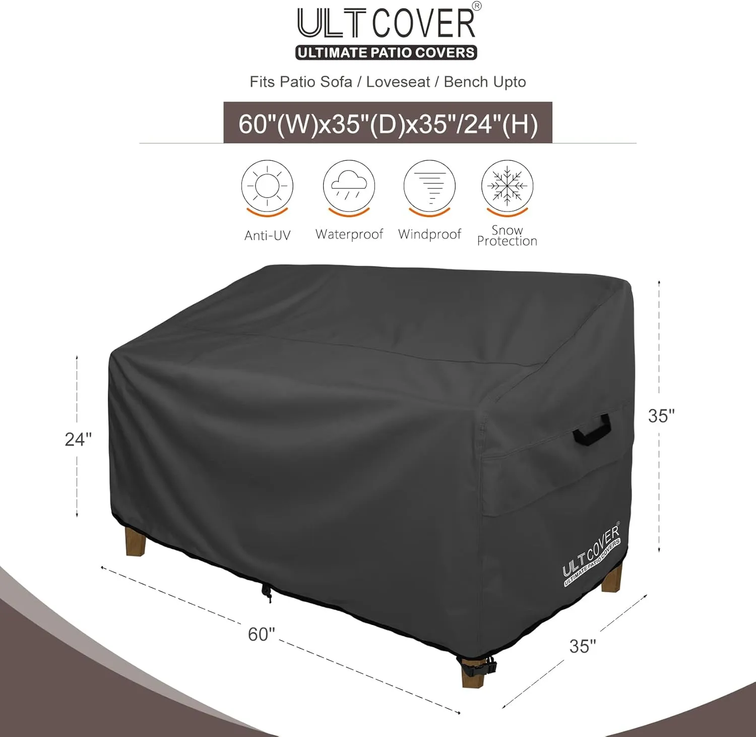ULTCOVER Patio Furniture Sofa Cover 60W x 35D x 35H inch Waterproof Outdoor 2-Seater Loveseat Cover, Black