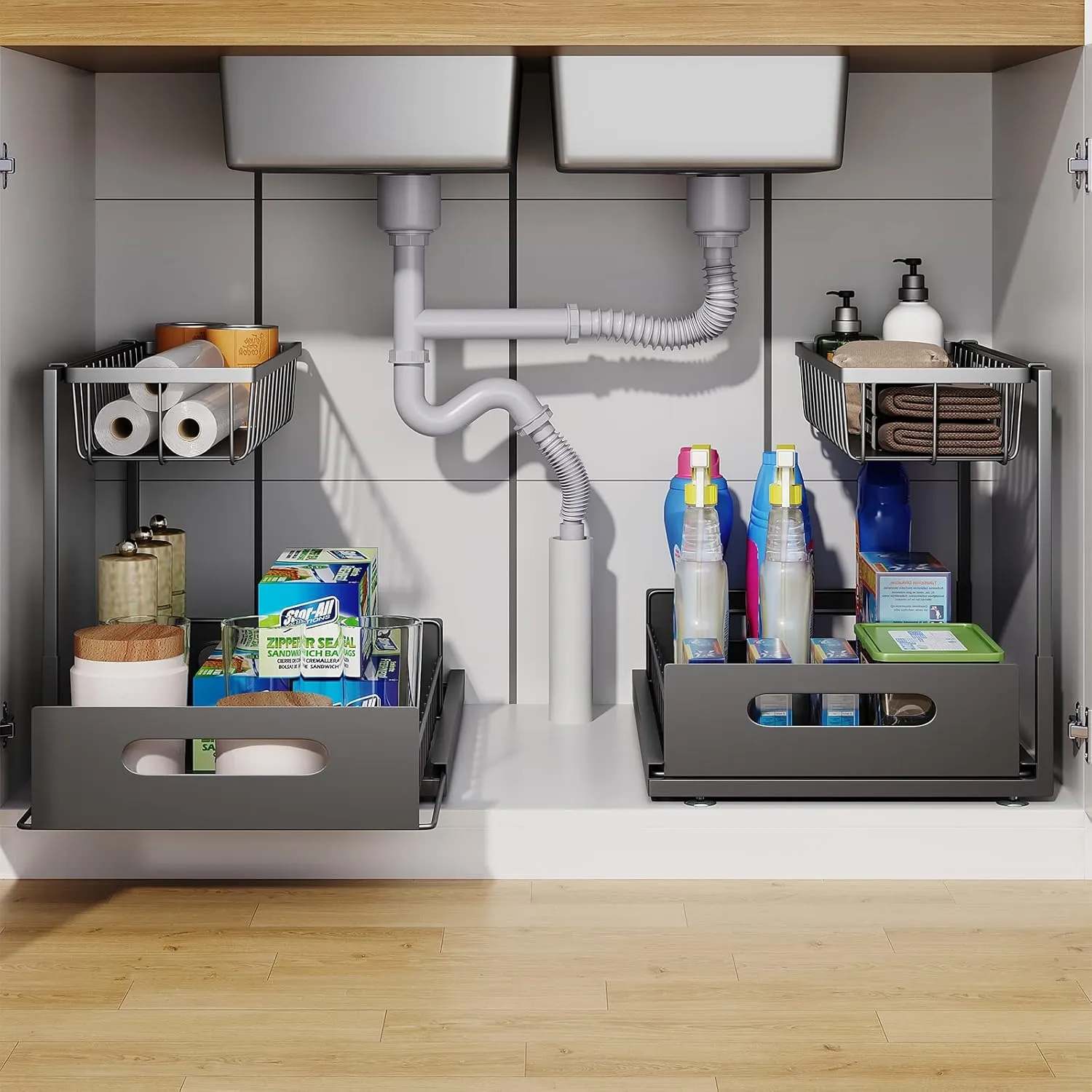 Under Sink Organizer, 2 Tier Under Sink Organizers and Storage Multi-Purpose Under Sink Storage for Bathroom Kitchen (Black)