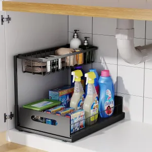 Under Sink Organizer, 2 Tier Under Sink Organizers and Storage Multi-Purpose Under Sink Storage for Bathroom Kitchen (Black)
