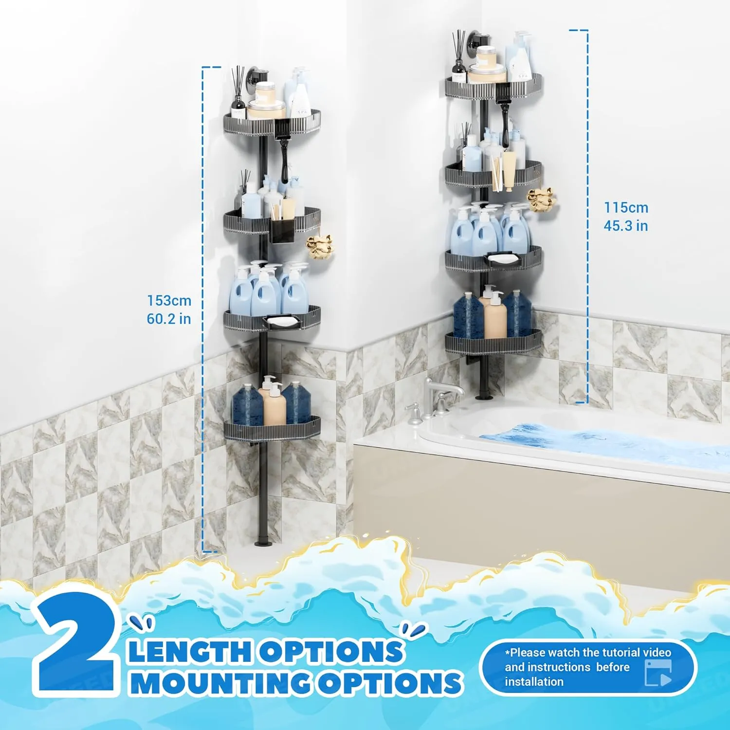 UNEEDE Corner Shower Caddy Pole with 4 Bathroom Organizer Shelves, Toothbrush Holder, Razor Hook & Soap Dish - Dual Mounting (Screws/Acrylic Film), 11lb Capacity, Rustproof 45.3in Shower Storage