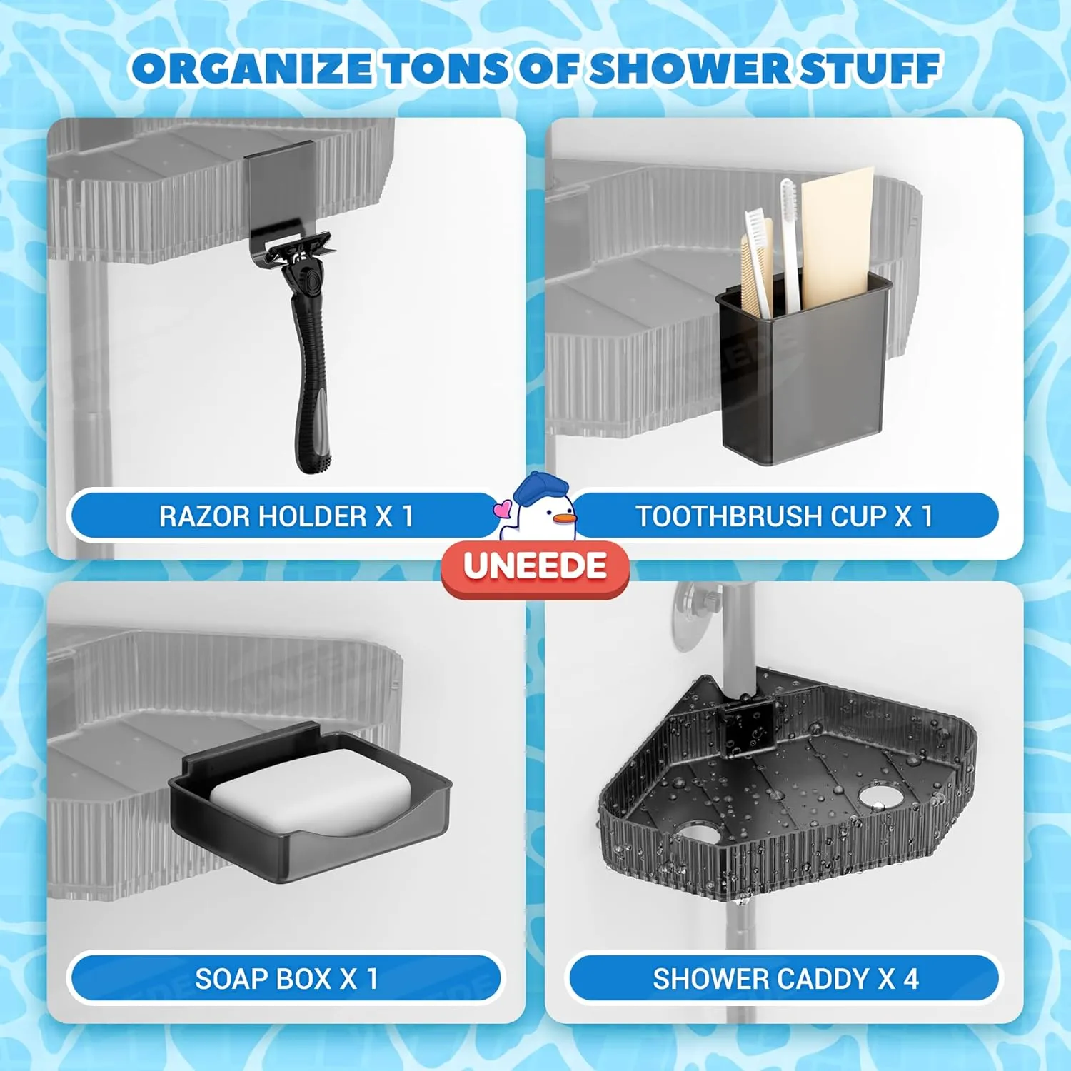 UNEEDE Corner Shower Caddy Pole with 4 Bathroom Organizer Shelves, Toothbrush Holder, Razor Hook & Soap Dish - Dual Mounting (Screws/Acrylic Film), 11lb Capacity, Rustproof 45.3in Shower Storage