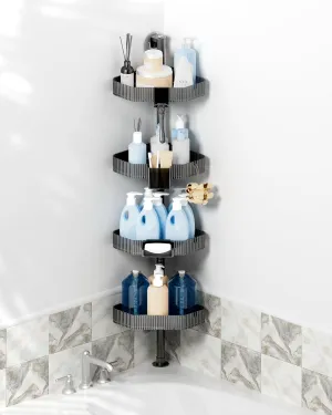 UNEEDE Corner Shower Caddy Pole with 4 Bathroom Organizer Shelves, Toothbrush Holder, Razor Hook & Soap Dish - Dual Mounting (Screws/Acrylic Film), 11lb Capacity, Rustproof 45.3in Shower Storage