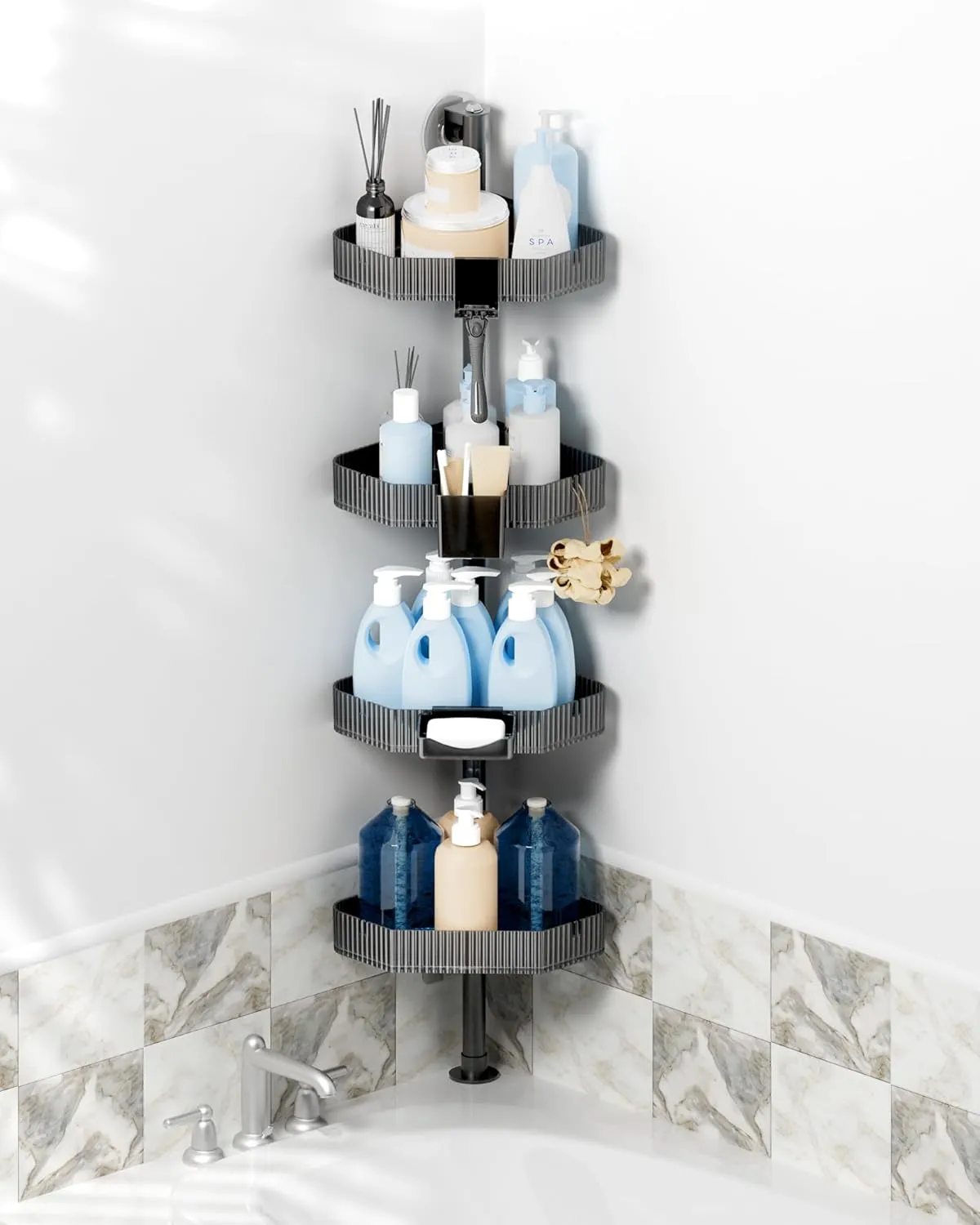 UNEEDE Corner Shower Caddy Pole with 4 Bathroom Organizer Shelves, Toothbrush Holder, Razor Hook & Soap Dish - Dual Mounting (Screws/Acrylic Film), 11lb Capacity, Rustproof 45.3in Shower Storage