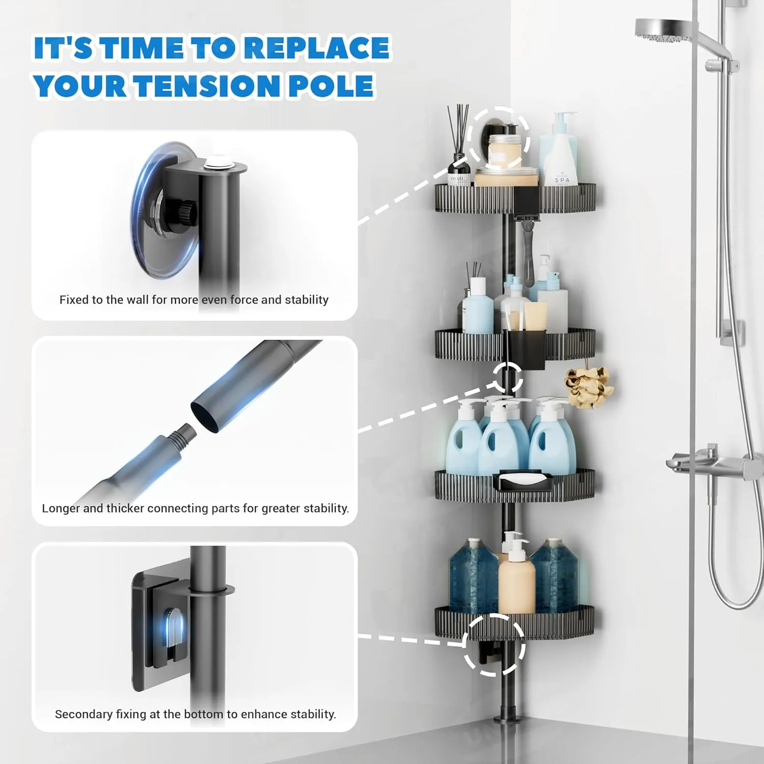 UNEEDE Corner Shower Caddy Pole with 4 Bathroom Organizer Shelves, Toothbrush Holder, Razor Hook & Soap Dish - Dual Mounting (Screws/Acrylic Film), 11lb Capacity, Rustproof 45.3in Shower Storage