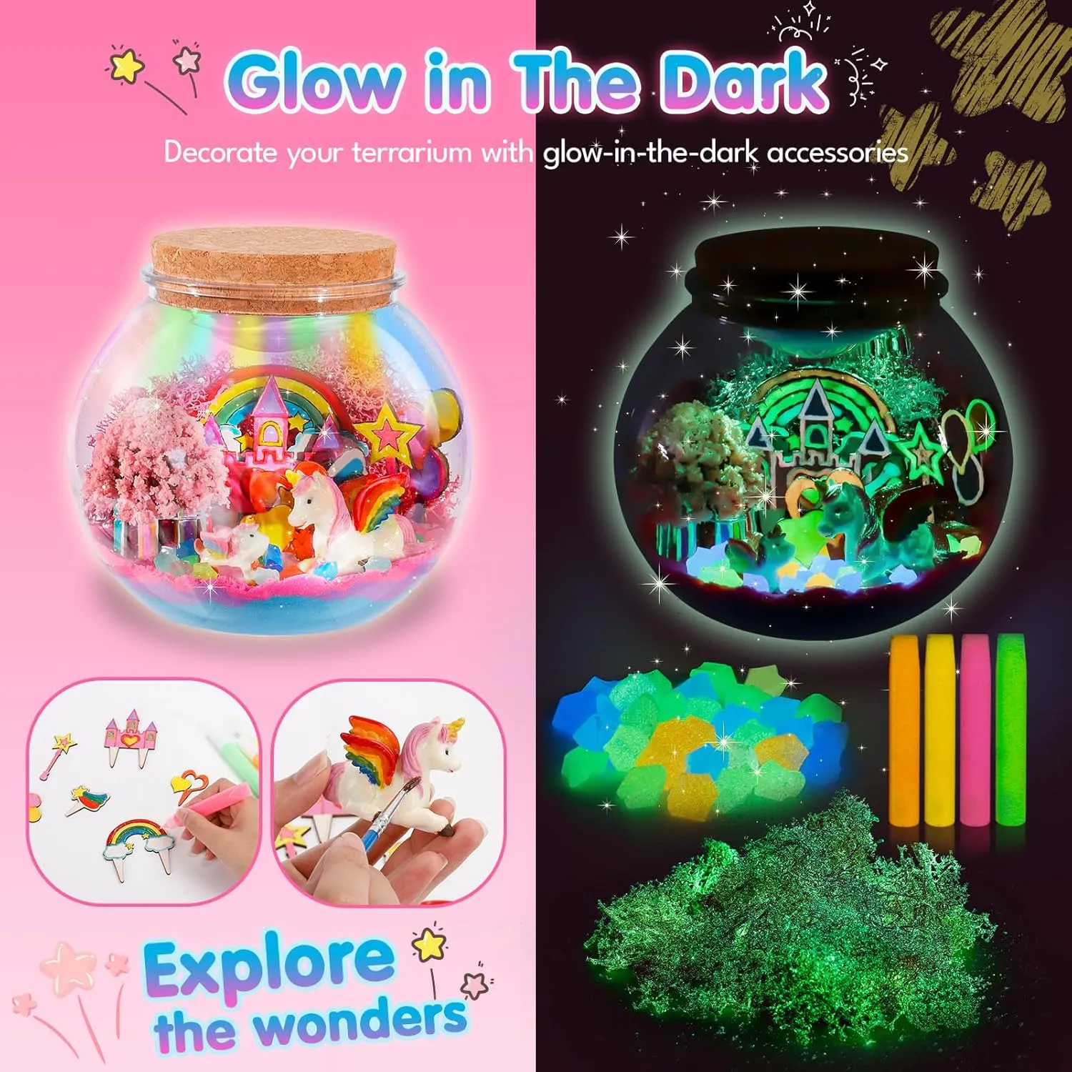 Unicorn Terrarium Kit for Kids - Arts & Crafts Activities Sets With Glow in The Dark Painting - DIY Unicorn Toys Birthday Gifts for Girls Age 5, 6, 7, 8, 9, 10, 11 & 12 Year Old(Unicorn Terrarium)