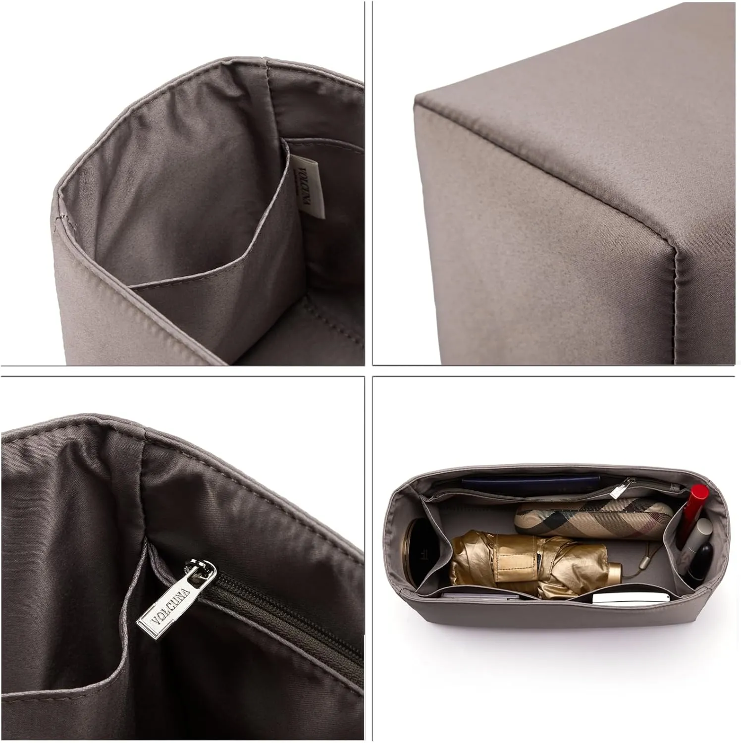 Universal Silk Purse Organizer Insert for Hermes Birkin Lindy 35 with Multiple Compartments and Zipper Pocket (Elephant Gray, 35)