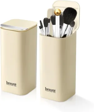 Upgrade Makeup Brush Holder Organizer with Lid, Automatic Lifting Dustproof Makeup Brushes Organizer with 4 Compartments for Vanity，Cosmetic Storage for Dresser Countertop and Bathroom (Beige Silver)