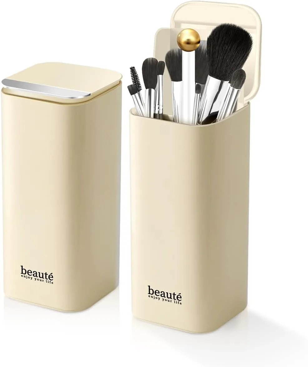 Upgrade Makeup Brush Holder Organizer with Lid, Automatic Lifting Dustproof Makeup Brushes Organizer with 4 Compartments for Vanity，Cosmetic Storage for Dresser Countertop and Bathroom (Beige Silver)