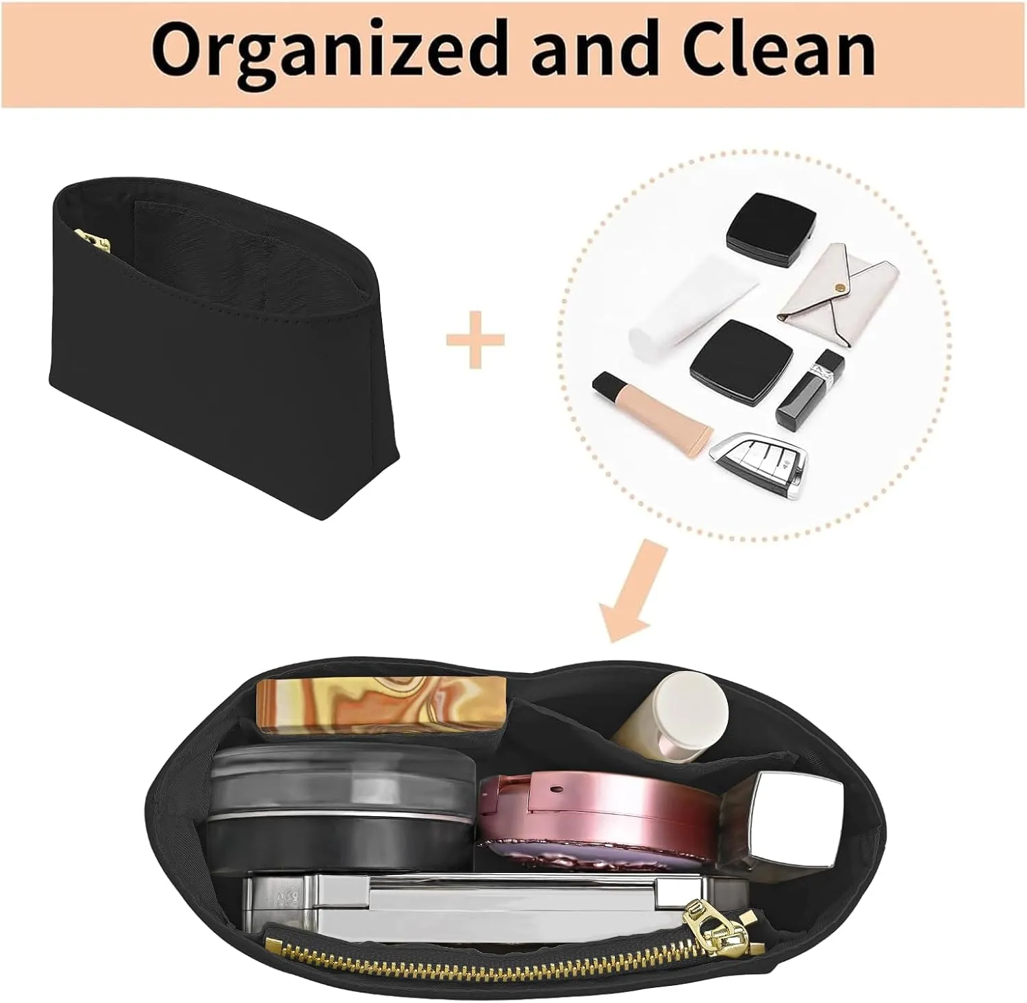 Upgraded Dupont Paper Mini Organizer Insert for Longchamp XS Bag wihte Zipper Purse Insert（Dupont Paper,Black）