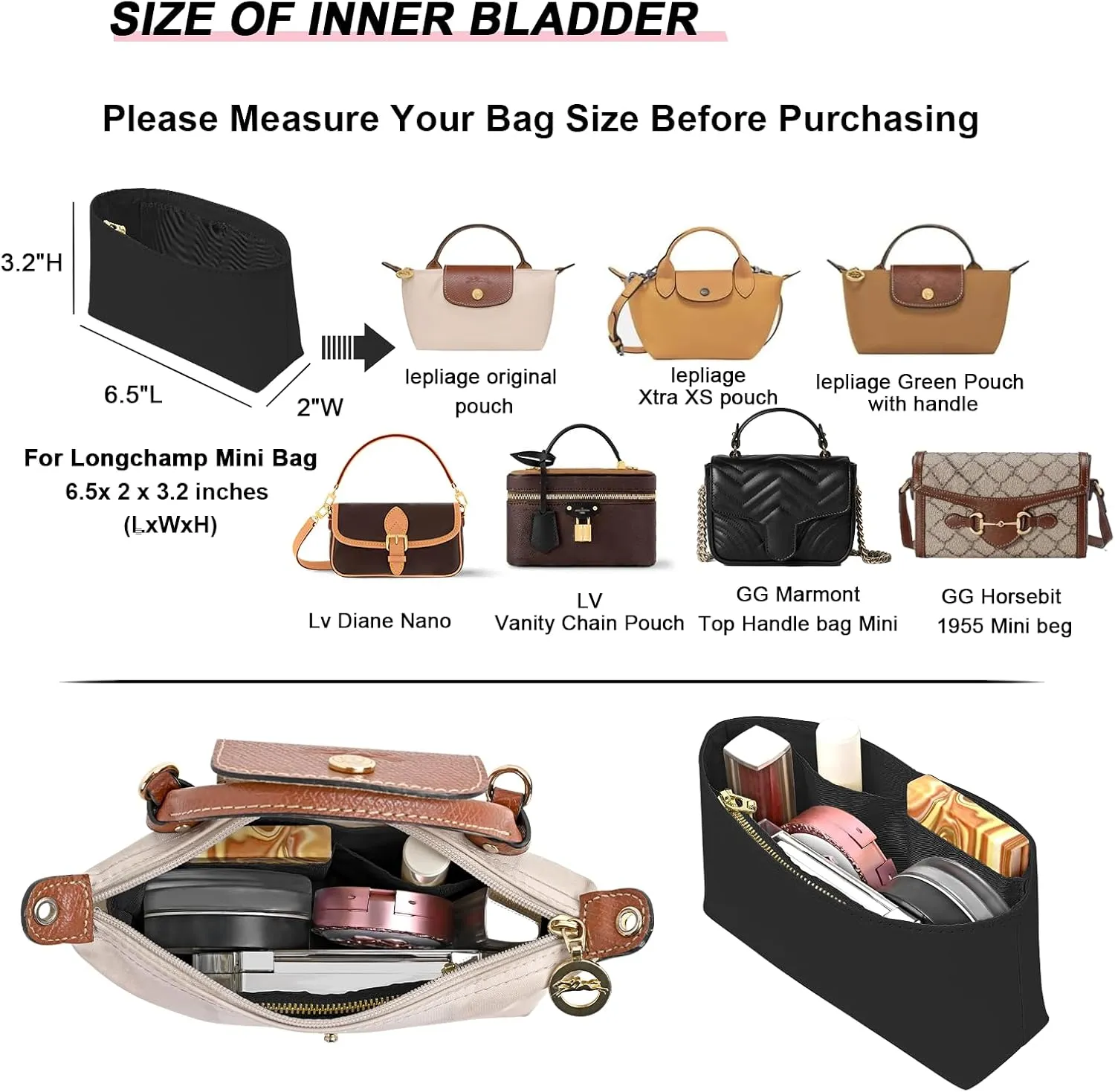 Upgraded Dupont Paper Mini Organizer Insert for Longchamp XS Bag wihte Zipper Purse Insert（Dupont Paper,Black）