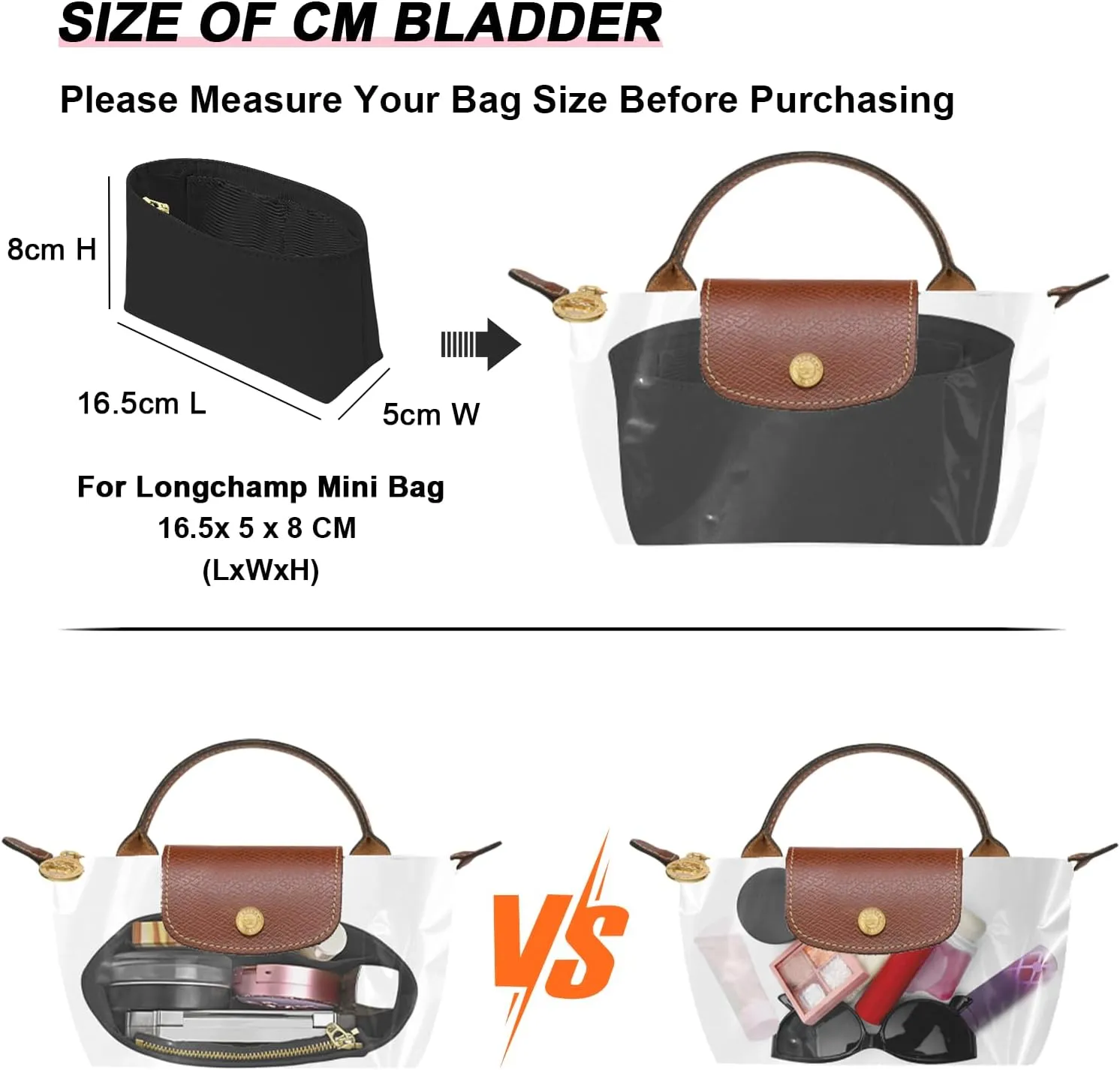 Upgraded Dupont Paper Mini Organizer Insert for Longchamp XS Bag wihte Zipper Purse Insert（Dupont Paper,Black）