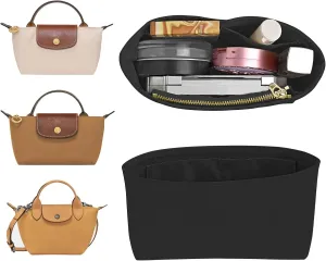 Upgraded Dupont Paper Mini Organizer Insert for Longchamp XS Bag wihte Zipper Purse Insert（Dupont Paper,Black）