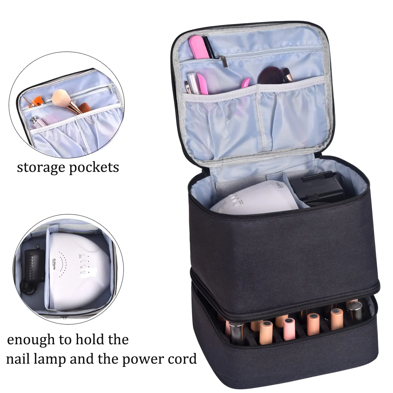 Upgraded Nail Polish Organizer Case - Holds 30 Bottles and 1 Nail Light, Double-layer Nail Polish Carrying Case Nail Polish Storage Bag with Handles (Style B-Black)