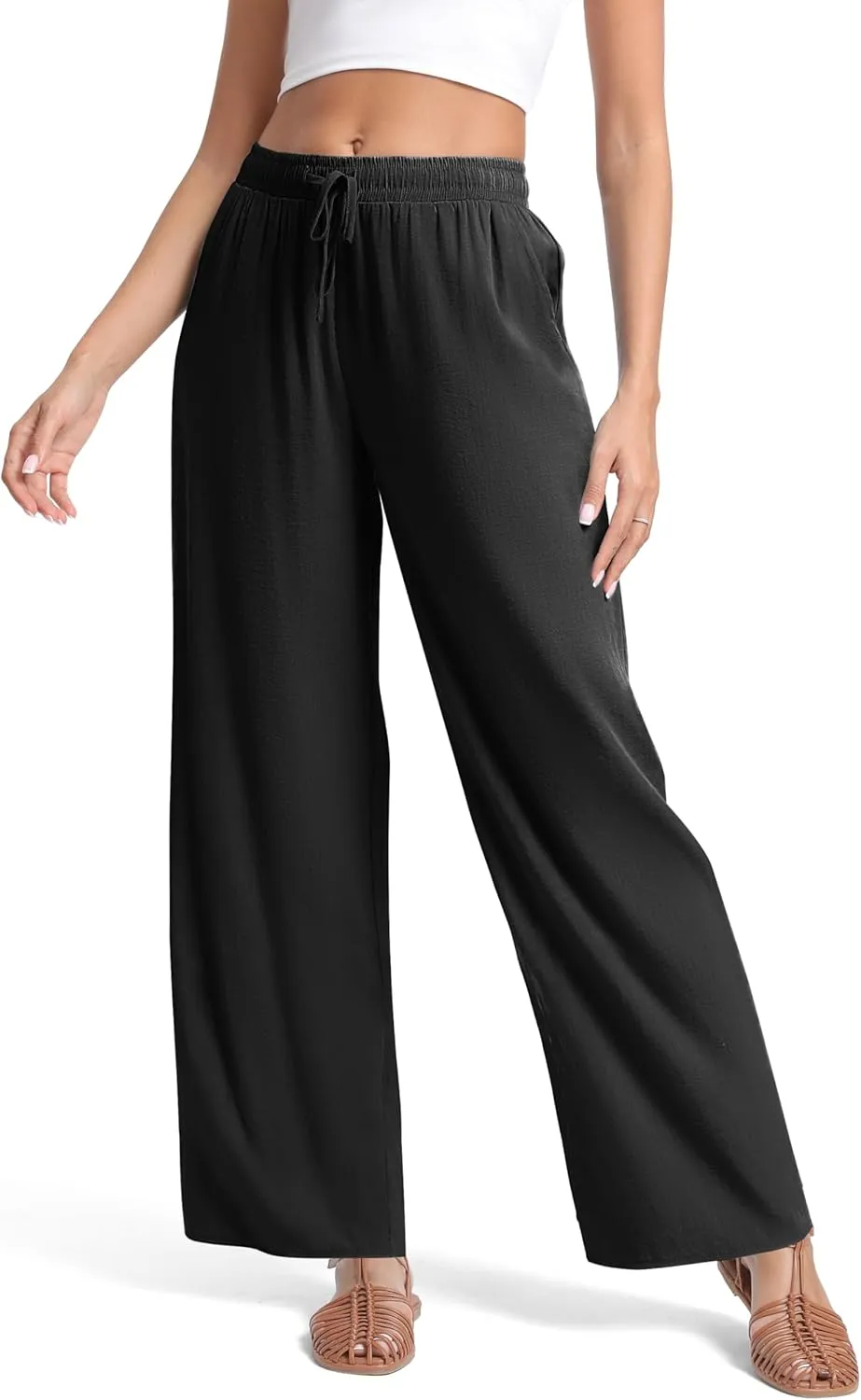 Urban CoCo Women's Lightweight Wide Leg Pants Elastic Waist Loose Office Casual Palazzo Trousers for Spring Summer