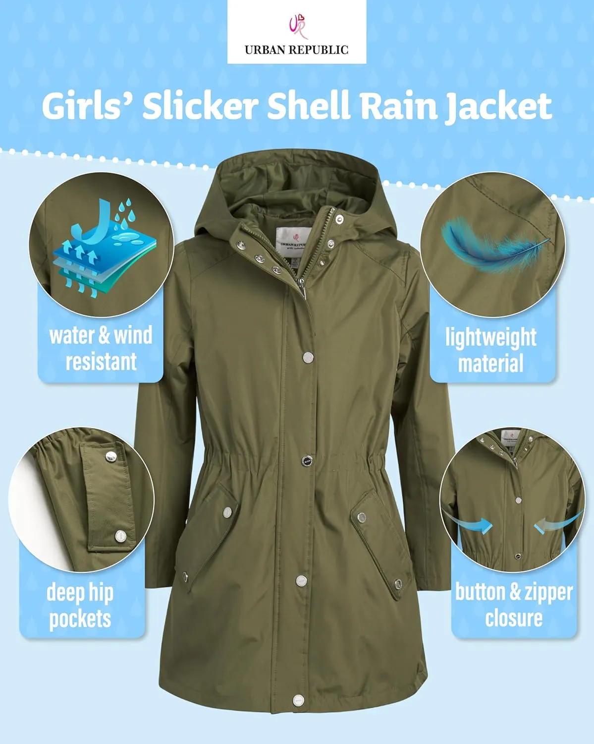 URBAN REPUBLIC Girls Rain Jacket - Lightweight Raincoat for Girls Slicker Shell Windbreaker Hooded Kids Raincoat (Size 7-16)