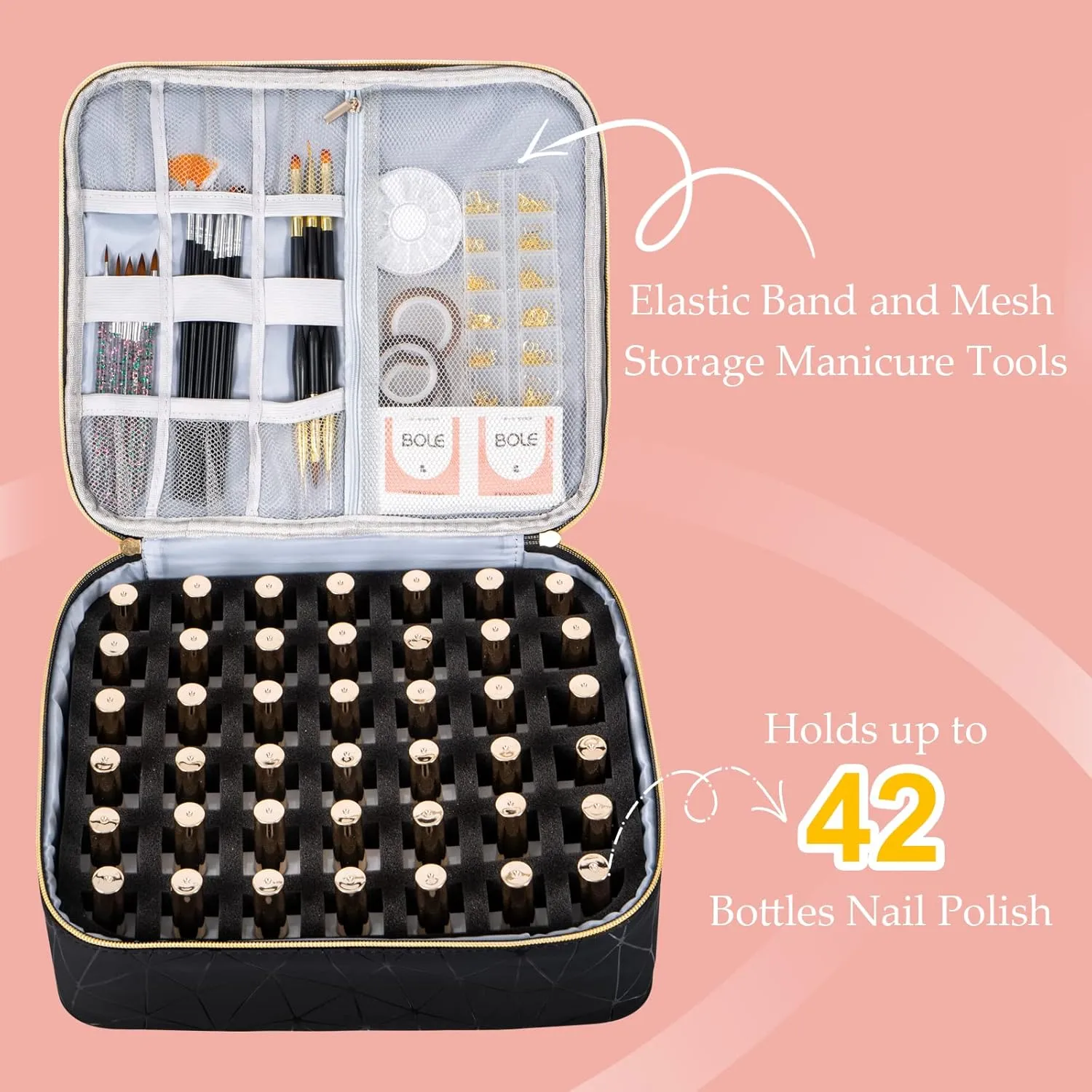 Uross Nail Polish Organizer Bag Holds 42 Bottles Nail Polish & Nail Lamp, Gel Nail Polish Organizers and Storage box for Nail Tech, Nail Kit Supplies Organizer Case - Black