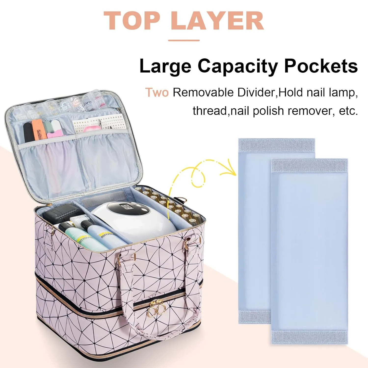 Uross Nail Polish Organizer Bag Holds 84 Bottles Nail Polish & Nail Lamp,Large Gel Nail Polish Organizers and Storage box for Nail Tech, Nail Kit Supplies Organizer Case-Lightpink