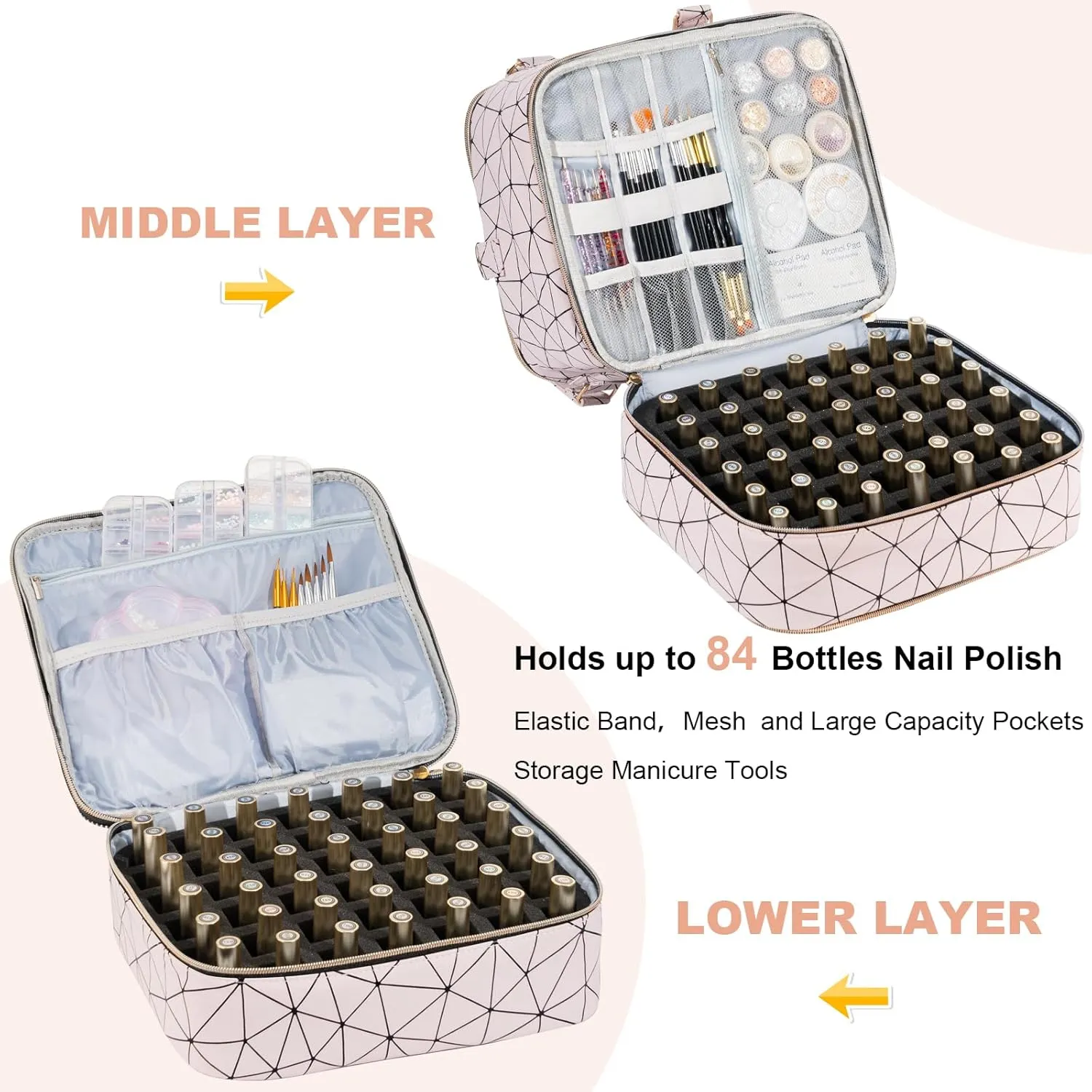 Uross Nail Polish Organizer Bag Holds 84 Bottles Nail Polish & Nail Lamp,Large Gel Nail Polish Organizers and Storage box for Nail Tech, Nail Kit Supplies Organizer Case-Lightpink