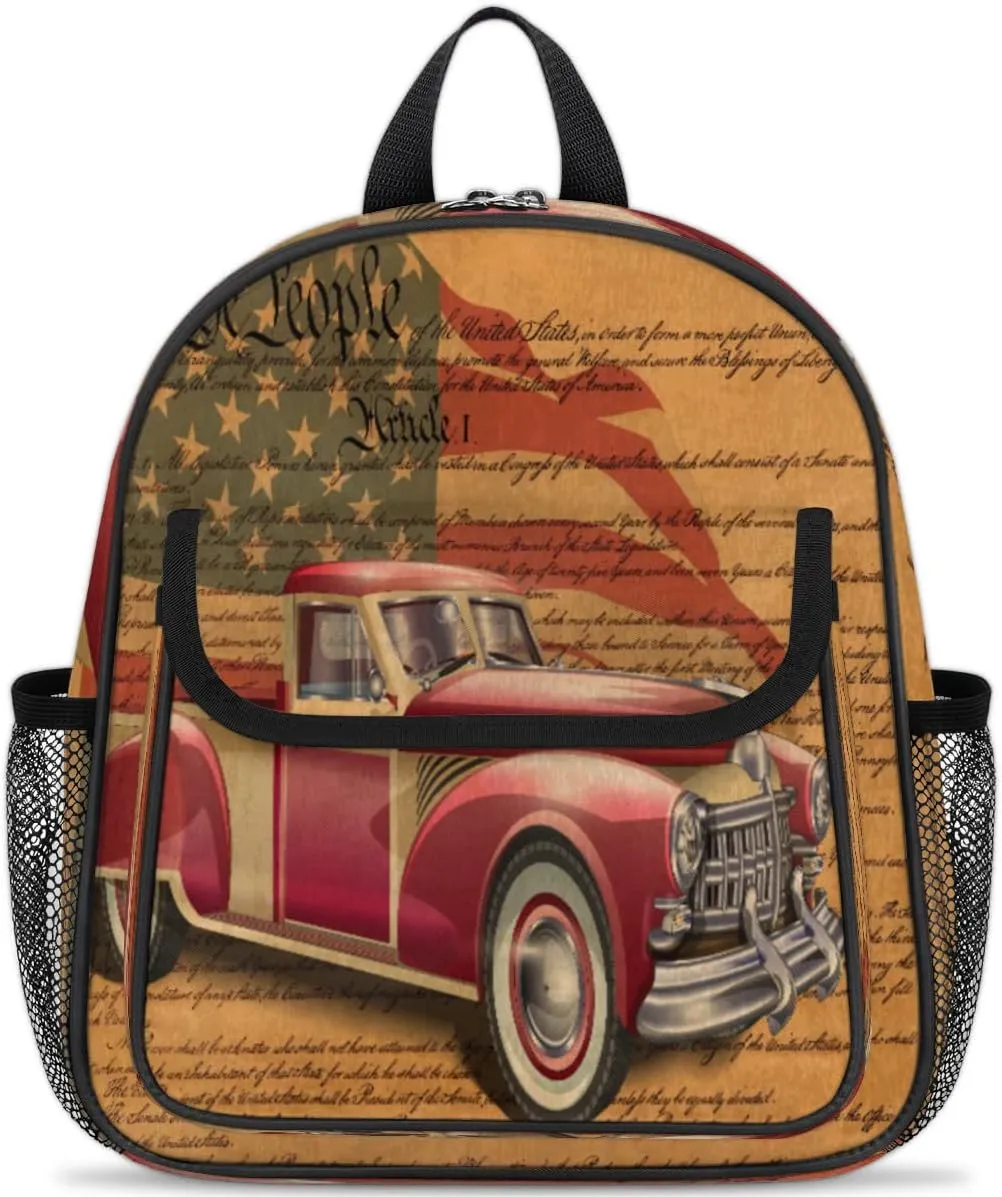 USA Flag 4th of July Toddler Backpack for Boys Girls,Vantage Car Kids Backpack for Preschool Kindergarten Daycare School Bookbag Nursery Travel Bag with Chest Strap