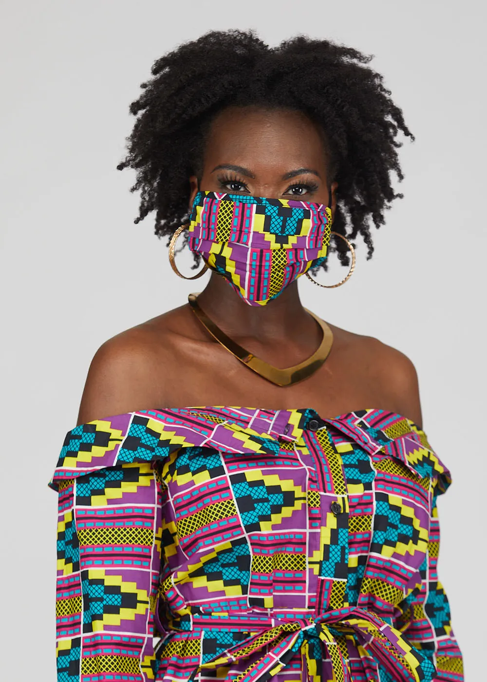 Uzo African Print 2 Layer Reusable Face Mask (Purple Turquoise Kente)-Clearance