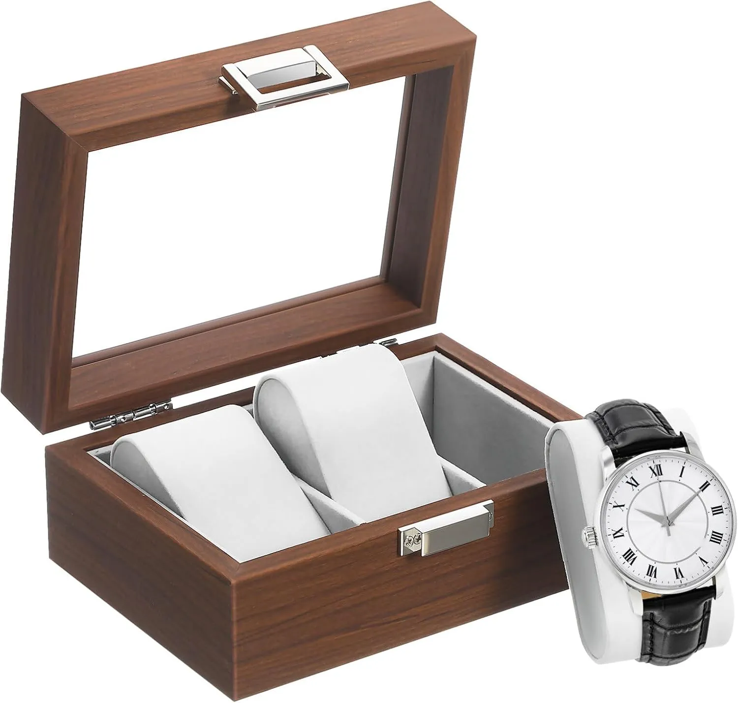 VALICLUD 3 Slots Watch Box Case Organizer Walnut Wood Watch Box Lockable Watch Storage Box with Glass Window Jewelry Display Tray Watch Showcase for Men Women Coffee