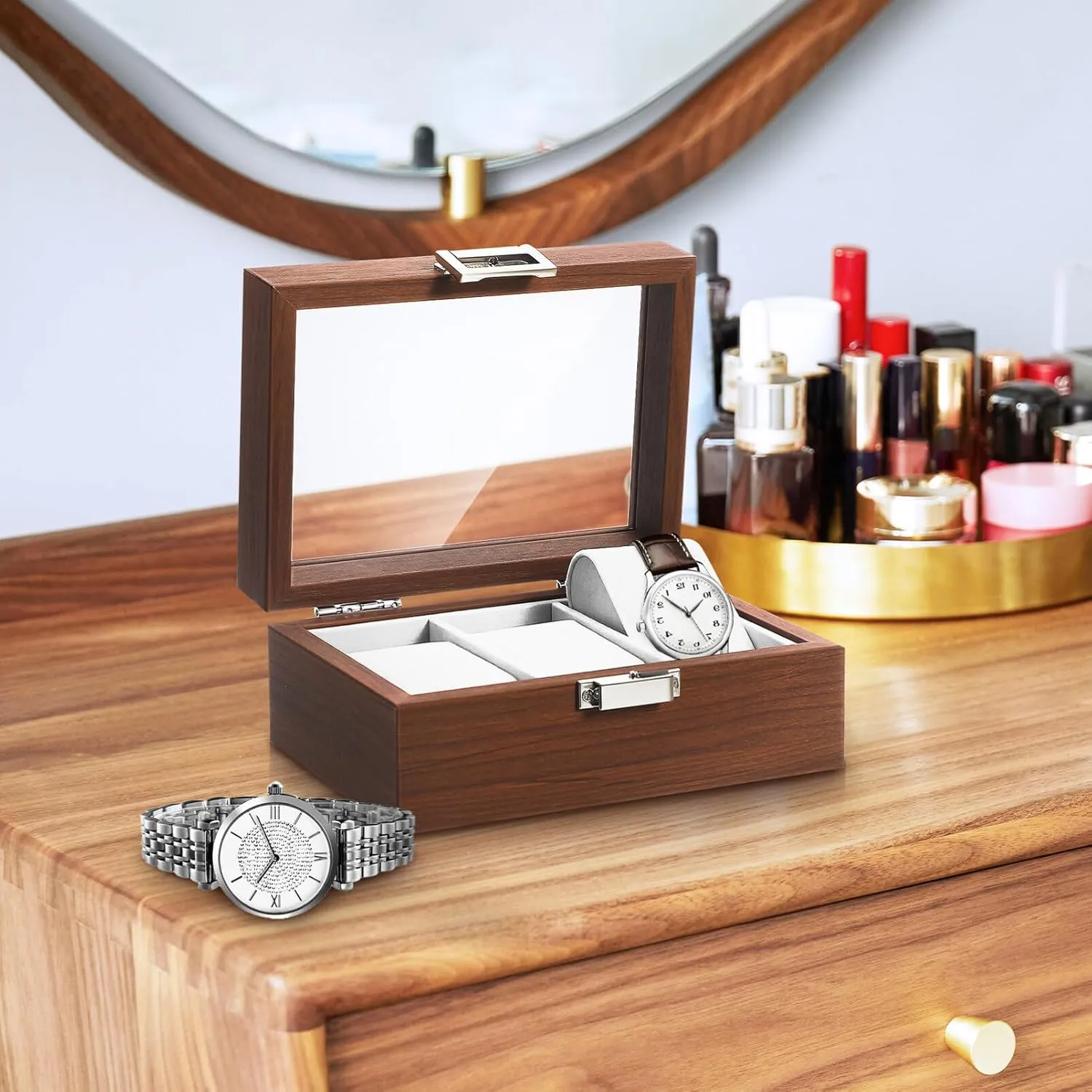 VALICLUD 3 Slots Watch Box Case Organizer Walnut Wood Watch Box Lockable Watch Storage Box with Glass Window Jewelry Display Tray Watch Showcase for Men Women Coffee