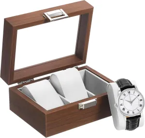 VALICLUD 3 Slots Watch Box Case Organizer Walnut Wood Watch Box Lockable Watch Storage Box with Glass Window Jewelry Display Tray Watch Showcase for Men Women Coffee