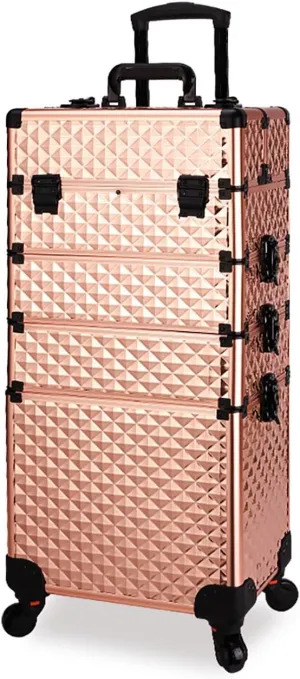Valman 4 in 1 Rolling Makeup Train Case, Lightweight Aluminum Alloy Makeup Trolley Cart, Makeup Travel Organizer Cosmetic Case Rose Gold