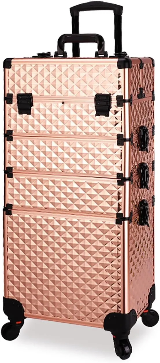 Valman 4 in 1 Rolling Makeup Train Case, Lightweight Aluminum Alloy Makeup Trolley Cart, Makeup Travel Organizer Cosmetic Case Rose Gold