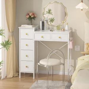 Vanity Desk No Mirror, Small White Vanity Desk, Makeup Girls Vanity Table with 6 Storage Drawers, Dressing Table for Small Spaces, Compact Vanity with Iron Hook for Bedroom, 33.07"L x 12.6"W x 33.07"H