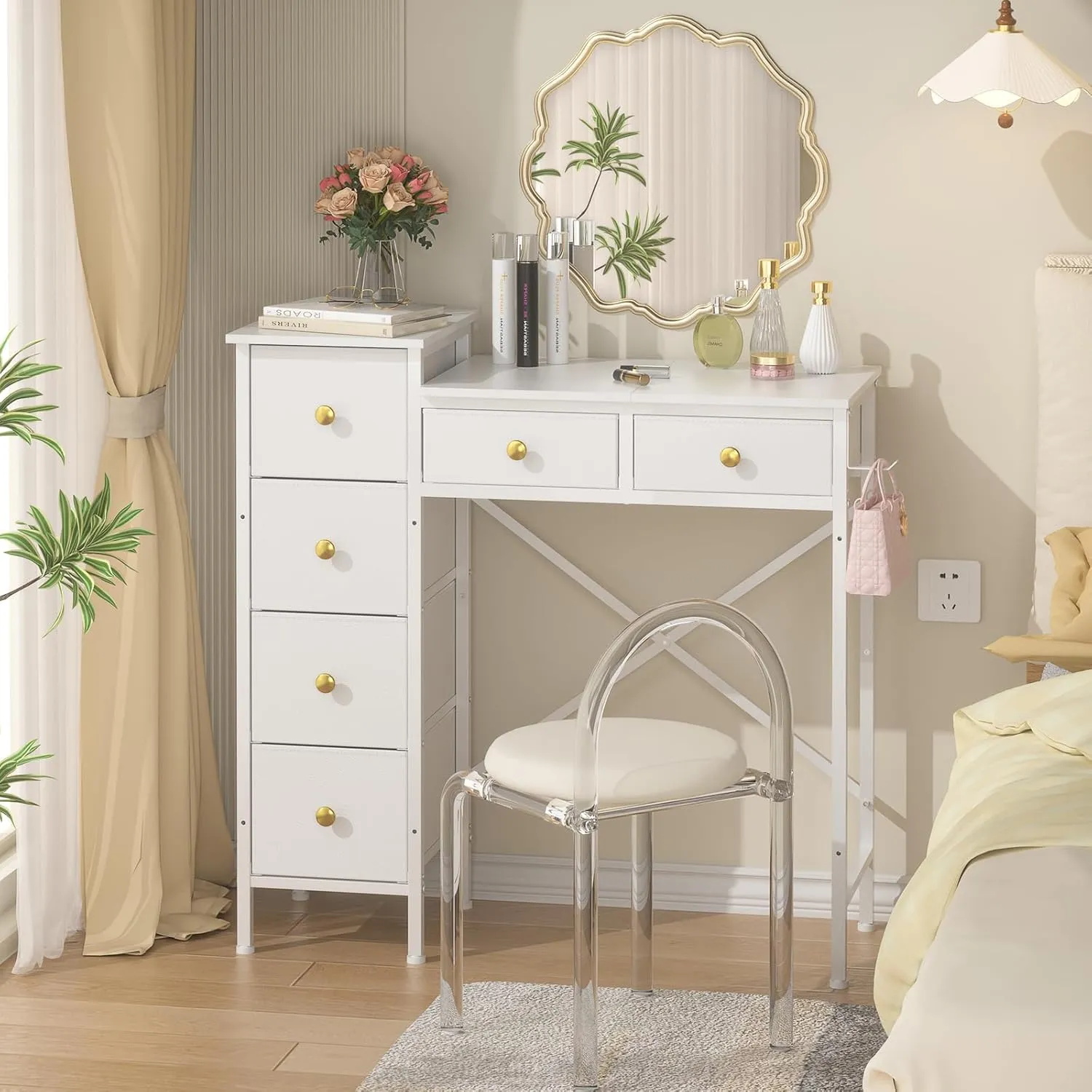 Vanity Desk No Mirror, Small White Vanity Desk, Makeup Girls Vanity Table with 6 Storage Drawers, Dressing Table for Small Spaces, Compact Vanity with Iron Hook for Bedroom, 33.07"L x 12.6"W x 33.07"H