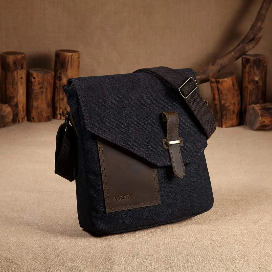 VASCHY Small Messenger Bag, Vintage Canvas Leather Lightweight Crossbody Bag
