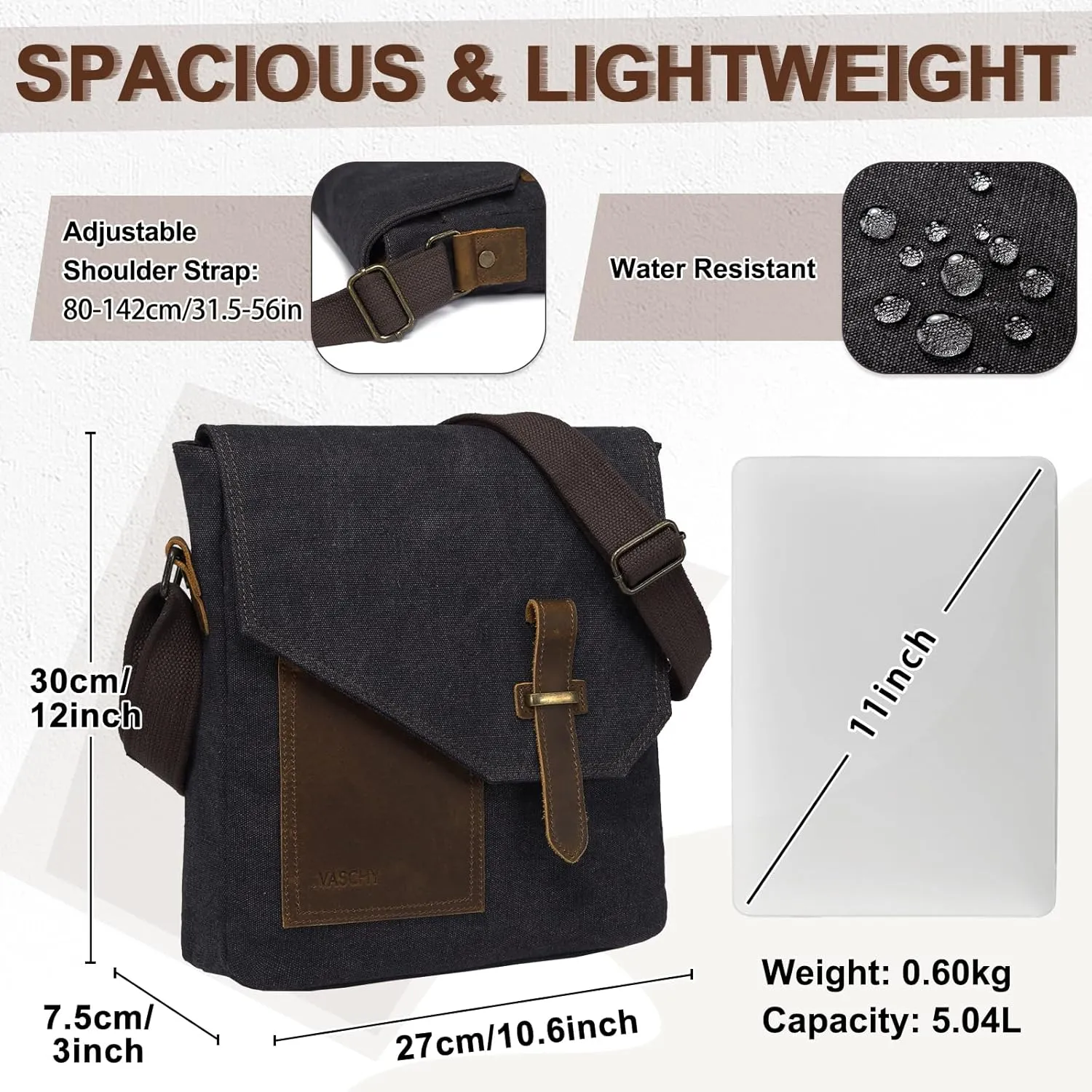 VASCHY Small Messenger Bag, Vintage Canvas Leather Lightweight Crossbody Bag