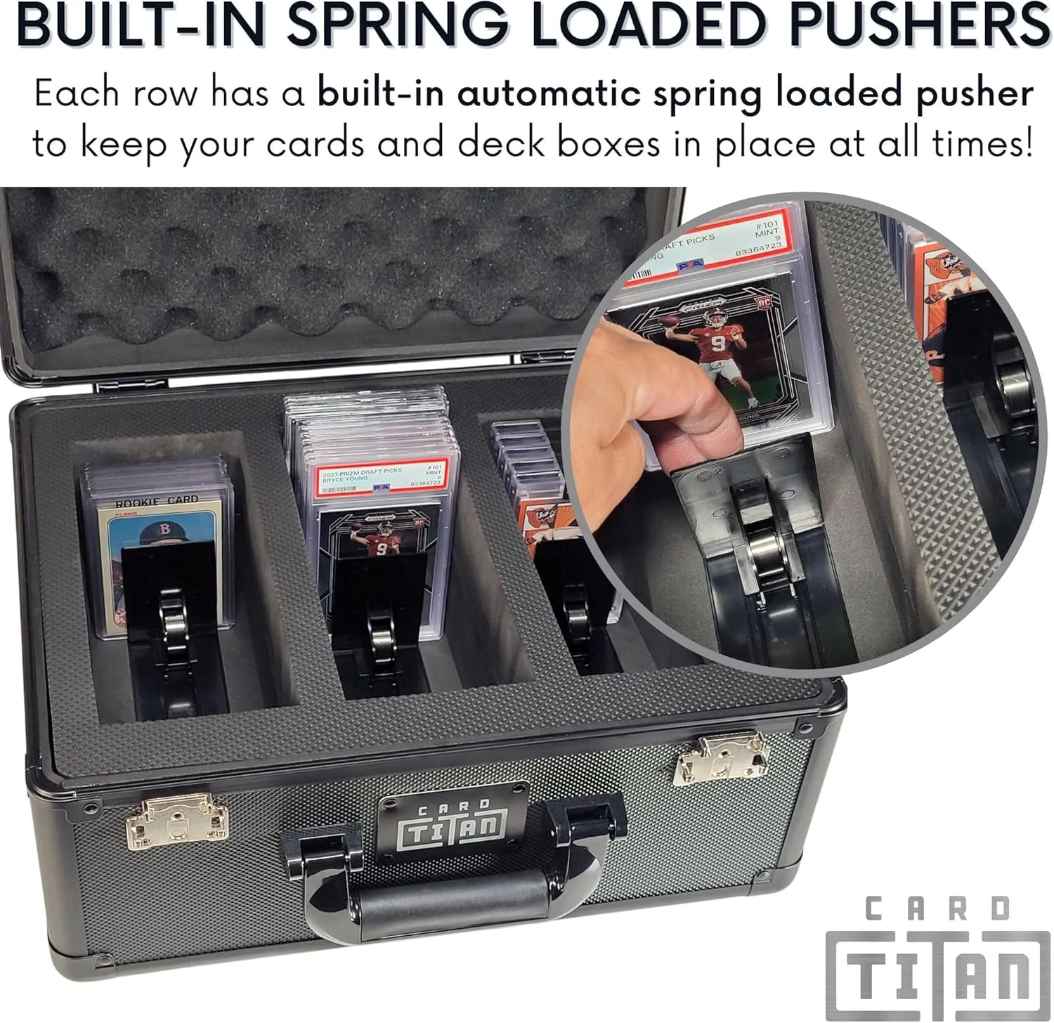 Vault Trading Card Storage Box - Lockable Sports Cards Hard Case with Spring-Loaded Pushers for Top Loaders & Graded Cards - 3 Row