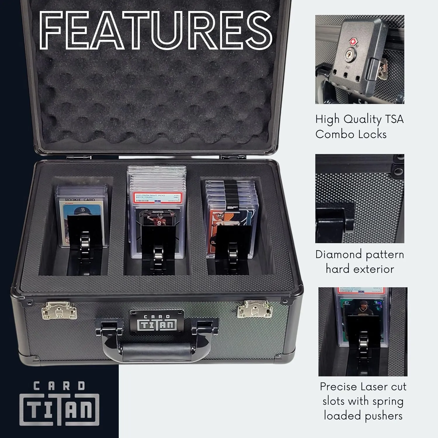 Vault Trading Card Storage Box - Lockable Sports Cards Hard Case with Spring-Loaded Pushers for Top Loaders & Graded Cards - 3 Row